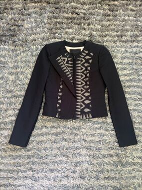 BCBGMaxAzria Black Floyd Silk Cotton Jacket with Beige Geometric Panels XXS